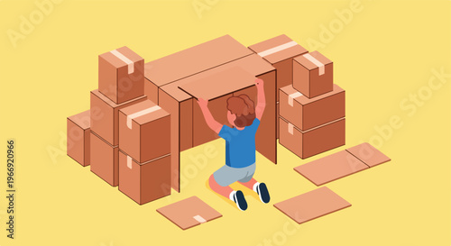 A young boy building a play fort out of cardboard boxes on a yellow background