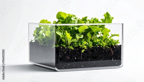 A clear rectangular planter filled with fresh green leafy plants growing in dark soil.