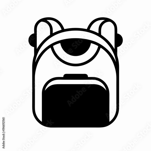 "A professional, high-resolution minimalist vector icon of a classic backpack, isolated on a light grey checkered background. The design features clean black line-art depicting a rounded school bag wi