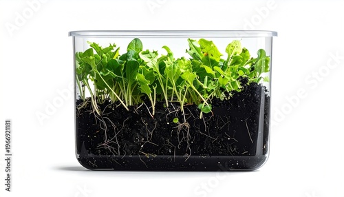 Fresh microgreens sprouting from rich soil with visible roots in a transparent container.