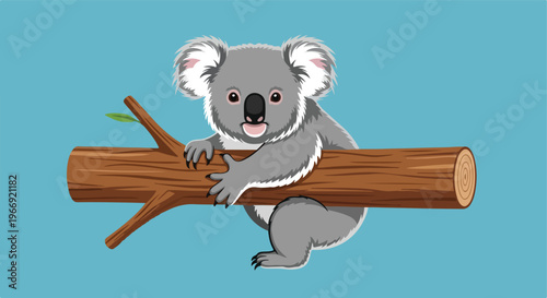 A fluffy grey koala bear clinging onto a textured brown tree branch illustration