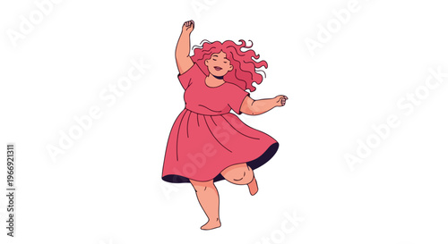 A joyful woman with curly pink hair dances happily in a flowing pink dress