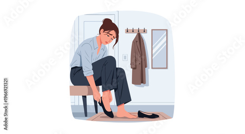 A tired woman sitting on a bench taking off her shoes after a long workday