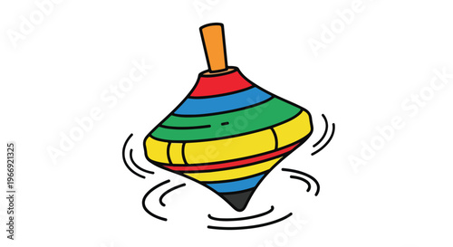 A colorful spinning top toy shown in motion with stripes and a wooden handle top