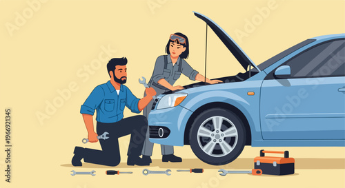 A man and a woman in uniforms are repairing the engine of a light blue sedan