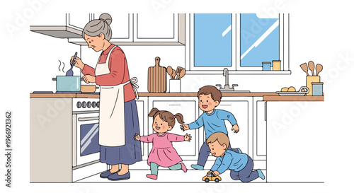 An elderly woman cooks in a kitchen while three energetic children play nearby