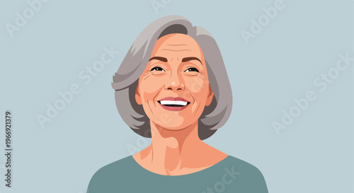 An illustration of a cheerful older woman with gray hair smiling joyfully above