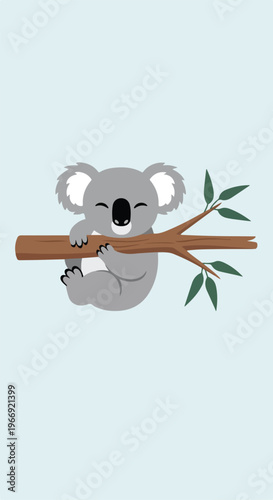 A cute grey koala bear clinging onto a brown tree branch on a light blue ground