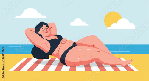 An illustration of a curvy woman resting on a beach towel under a sunny sky
