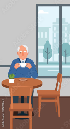 An elderly man sits at a cafe table with a cup of tea by a large glass window
