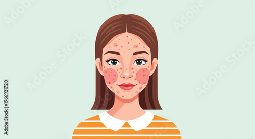 Illustration of a young woman with acne on her face on a light green background