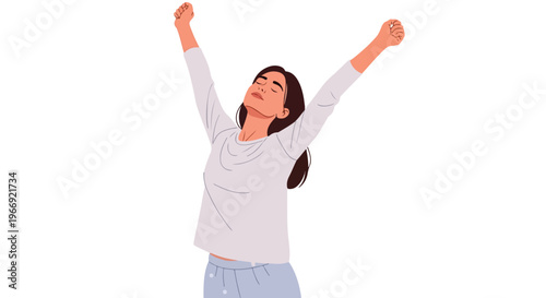 A young woman in pajamas stretches her arms up, eyes closed in relaxed comfort