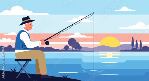 An elderly man sits on a folding chair and fishes in a calm lake at sunset