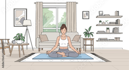A young woman sits in a peaceful lotus pose on a yoga mat inside her home