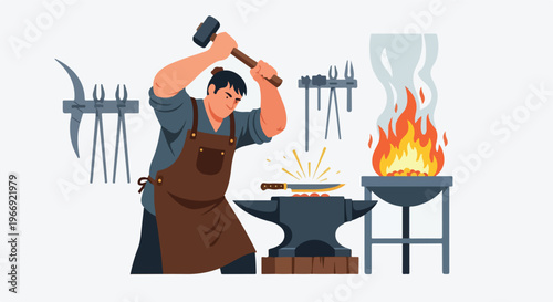 A blacksmith forging a metal knife on an anvil beside a hot furnace with tools