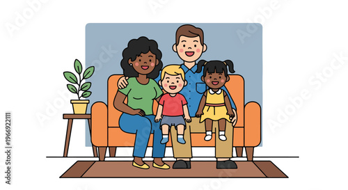 A diverse family of four sitting on a couch in a living room flat illustration