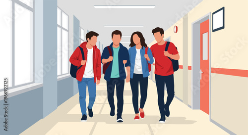 A group of four students walking together through a bright, modern school hallway