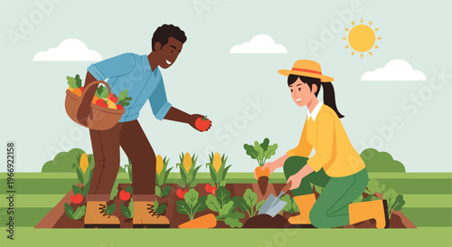 A man and a woman harvesting fresh vegetables in a sunny garden field outdoors