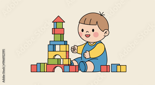 A cute cartoon toddler sitting on the floor and building a tower with toy blocks