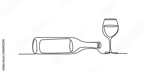 Minimalist continuous line drawing of a wine bottle lying down next to a filled wine glass stemware Vector, illustration