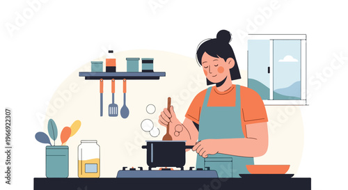 A young person wearing an apron stands in the kitchen stirring a pot on a stove