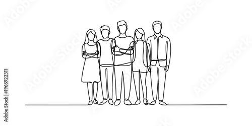 A minimalist single line drawing illustration featuring a diverse group of five standing people. Vector, illustration