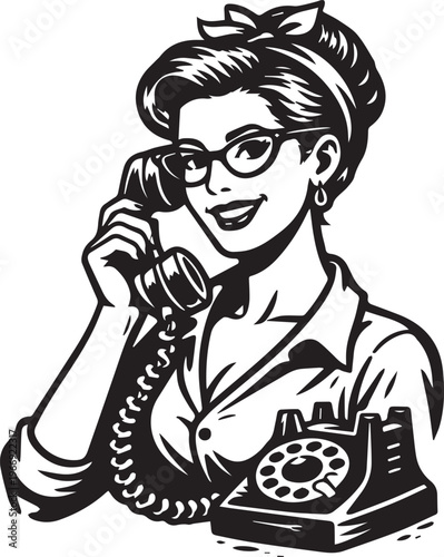 Vintage Pinup Secretary Answering Phone Engraving Vector Illustration
