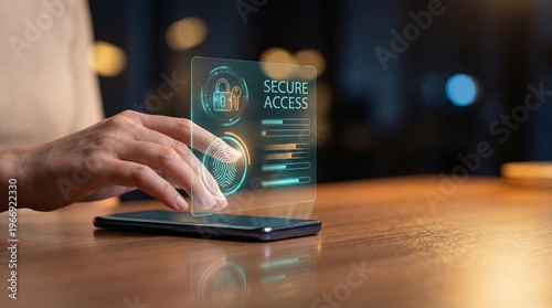 A person interacts with holographic secure access interface on a mobile phone, emphasizing data protection and digital security.