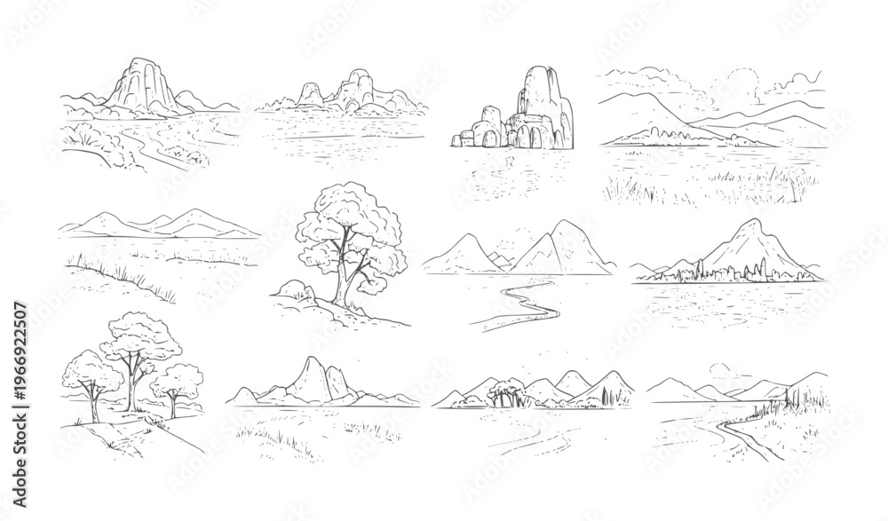 Fototapeta premium Collection of twelve hand drawn black and white landscape nature mountains trees
