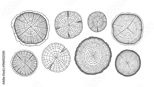 Collection of hand drawn tree trunk cross sections with visible rings and bark wood