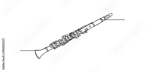 A continuous single line drawing of a clarinet musical instrument on a clean white background. Vector, illustration