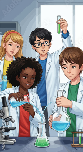 Diverse group of young students wearing lab coats conducting science experiments