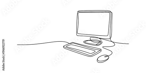 A single continuous line drawing of a desktop computer setup with a monitor keyboard and mouse Vector, illustration