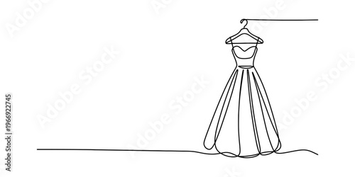 A continuous line drawing of a formal evening gown hanging gracefully on a simple wooden hanger Vector, illustration