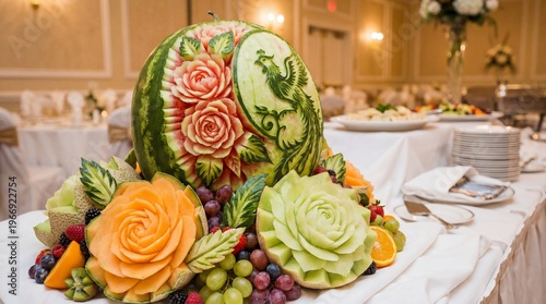An elaborate fruit display featuring a carved watermelon with floral designs and a detailed animal sculpture, surrounded by a variety of fresh fruits. The centerpiece is set on a banquet table.