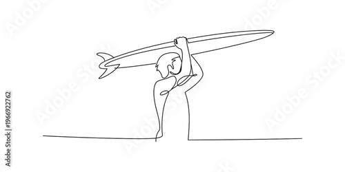 Minimalist one line drawing of a person carrying a surfboard over their head at the sandy beach Vector, illustration