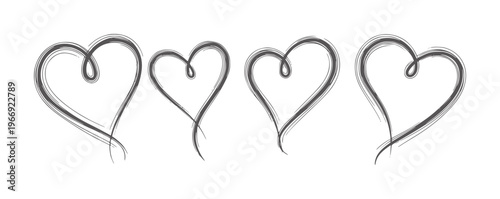 Four dark grey sketched hearts white love symbol brush