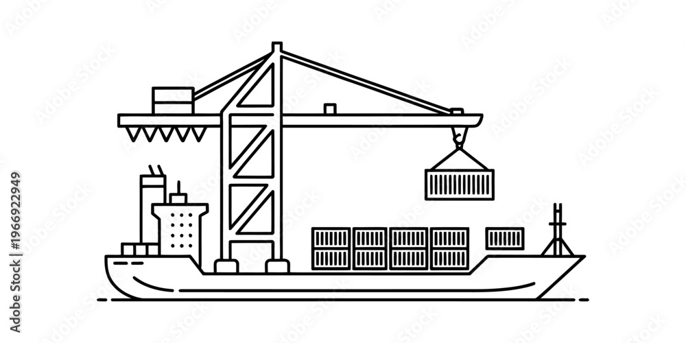 Fototapeta premium A black and white line art illustration of a large cargo ship being loaded by a port crane. Vector, illustration
