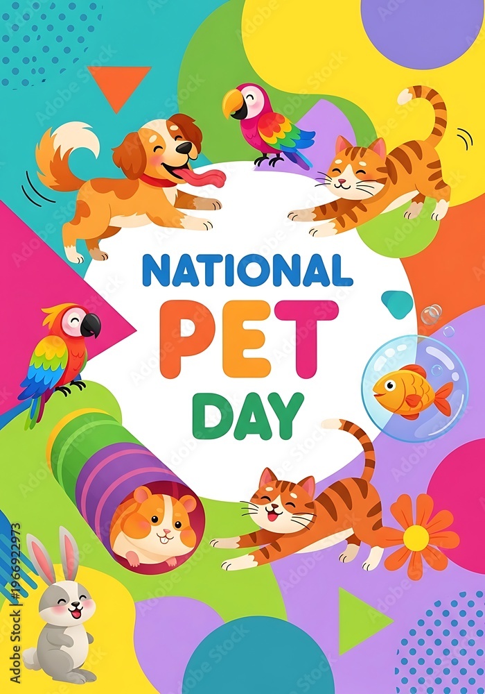 Fototapeta premium National pet day celebration poster with cute cartoon animals