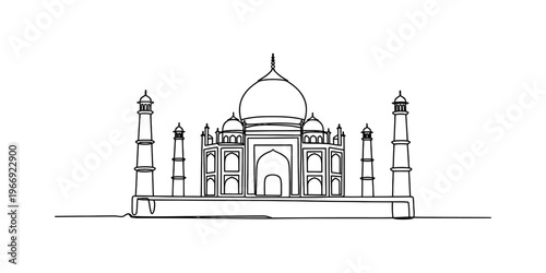 A minimalist black and white line art drawing of the iconic taj mahal monument in agra india. Vector, illustration