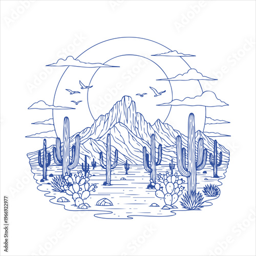 Desert Mountain Landscape with Cactus and Birds Circle Line Art Vector Illustration