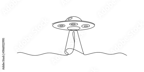 A single continuous line drawing of a mysterious flying saucer hovering over the flat ground area. Vector, illustration