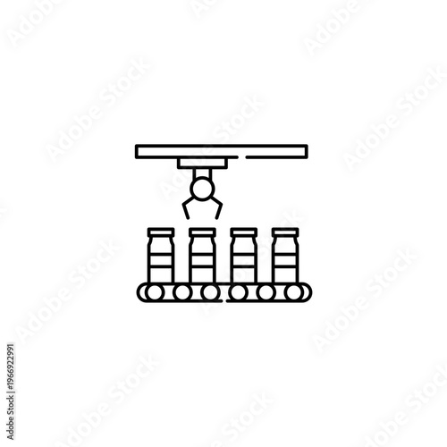 Automated production line icon, robot arm with conveyor belt and bottles, smart factory and industry 4.0 symbol. Transparent background Editable Stroke