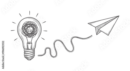 Hand drawn lightbulb with tangled filament and paper airplane flying idea