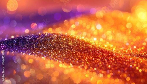 Vibrant abstract glitter background with warm golden and purple bokeh lights.
