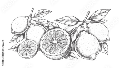 Hand drawn of lemons branches with leaves and slices fruit citrus leaf