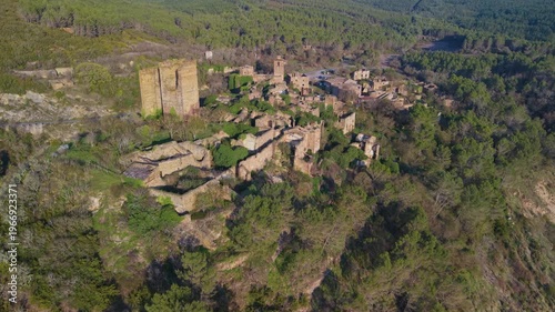 Aerial view from a drone of the abandoned village of Ruesta on the Yesa reservoir in the Cinco Villas region of the province of Zaragoza, Aragon, Spain, Europe