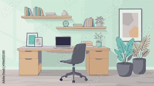 Modern minimalist home office workspace with desk, laptop, and plants