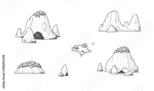 Hand drawn rocky islands and sea stacks in water