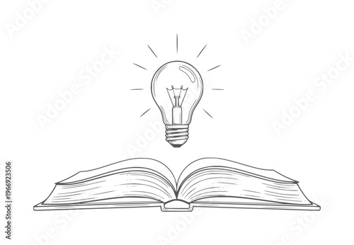 Open book with glowing light bulb above representing an idea lightbulb knowledge